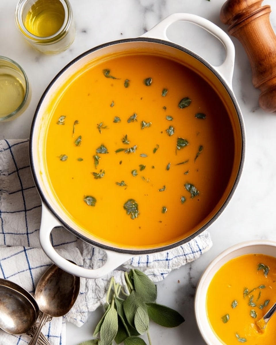 A large white pot filled with smooth, bright orange soup, topped with small green herb pieces scattered evenly on the surface. The pot is set on a white marbled texture with a white and blue checked cloth partially under it. To the right, there is a white bowl also containing the same soup with a spoon resting inside, partially visible. Around the pot, some fresh green leaves, a small glass container with light yellow oil, and a wooden spice grinder can be seen. Two vintage silver spoons rest on the white marbled surface near the pot. photo taken with an iphone --ar 4:5 --v 7