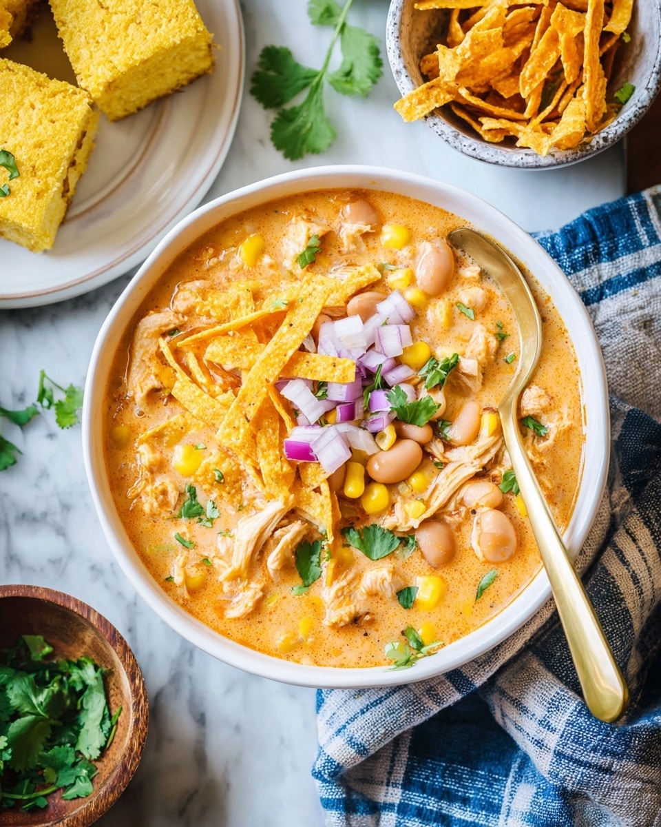 A white bowl filled with creamy orange soup showing visible white beans, pieces of chicken, and yellow corn kernels mixed evenly throughout. On top, there are crispy orange tortilla strips, small diced purple onions, and fresh green cilantro leaves scattered as garnish. A gold spoon is placed inside the bowl on the right side, resting in the soup. The bowl sits on a white marbled surface with a blue and gray checkered cloth partially under it. Nearby, there are pieces of yellow cornbread on a white plate and a small bowl of extra tortilla strips, all placed on the white marbled surface. Photo taken with an iphone --ar 4:5 --v 7