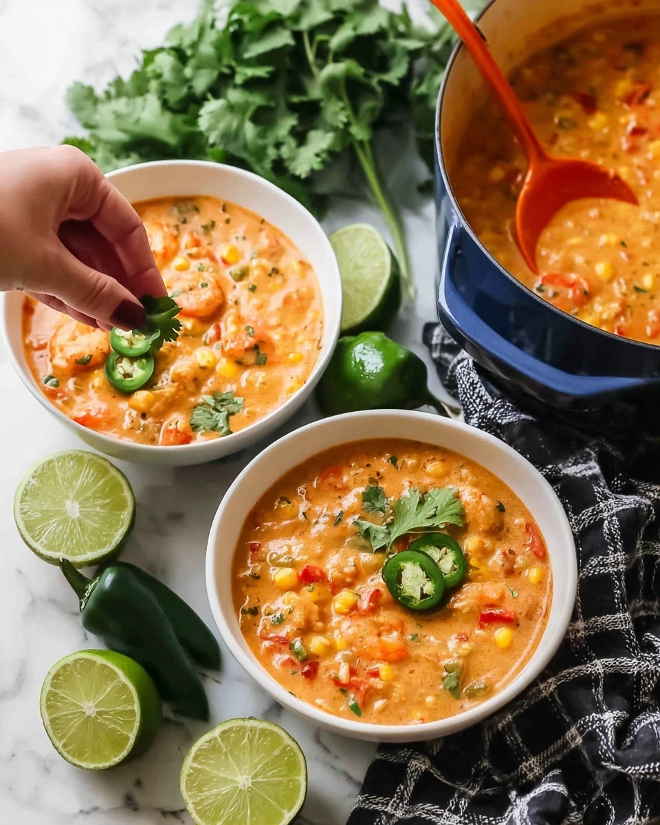 Two white bowls filled with creamy, orange soup containing chunks of corn, red bell peppers, and other vegetables sit on a white marbled surface. The soup has a thick texture with visible pieces of shrimp or chicken inside. One bowl is garnished with green cilantro leaves, while the other is topped with sliced green jalapeños. A woman's hand is placing the cilantro garnish on one bowl. Around the bowls, there are whole and halved limes, more fresh cilantro leaves, and three whole jalapeños. In the background, a large blue pot filled with the same soup has an orange ladle inside. A black and white checkered cloth is partially under the bowls. Photo taken with an iphone --ar 4:5 --v 7