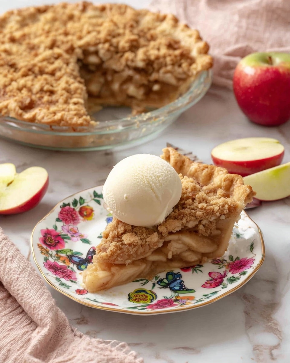 The image shows a whole round apple crumb pie with a golden-brown crust. The pie has two main layers: the bottom crust, which is light golden and flaky, and the top crumb layer made of small, uneven clusters of brown sugar and cinnamon crumb topping, giving it a textured and crumbly look. The pie sits on a white marbled surface, with a green apple and a red apple nearby on a light pink cloth. A silver pie server is placed next to the pie on the left side. Photo taken with an iphone --ar 4:5 --v 7