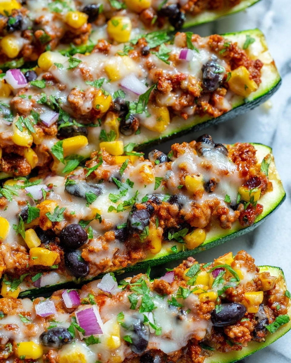 The dish shows several zucchini boats as the base layer, sliced lengthwise with light green skin. On top of each boat, there is a mix of cooked ground meat brown in color, bright yellow corn kernels, and shiny black beans. The mixture is covered in melted white cheese, soft with some strings, scattered small pieces of diced red onion, and chopped fresh green herbs spread evenly. The background is a white marbled surface. photo taken with an iphone --ar 4:5 --v 7