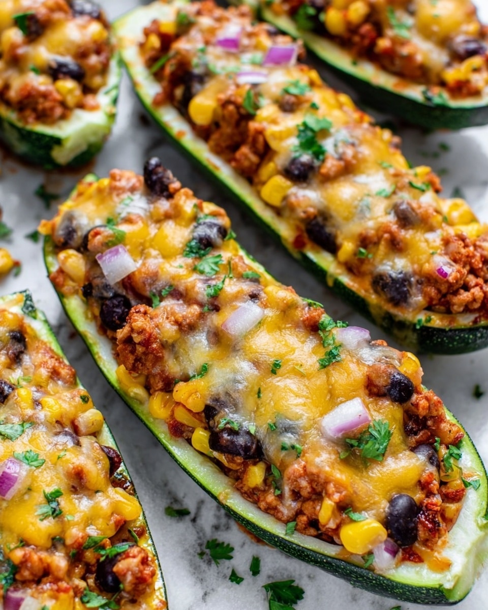 This image shows six zucchini halves placed side by side in a white baking dish on a white marbled surface. Each zucchini half is hollowed out and filled with a mixture consisting of bright yellow corn kernels, black beans, and ground meat, topped with melted white cheese that has a smooth, slightly bubbly texture. The white baking dish is rectangular with slightly rounded edges, and there is melted cheese browned and spread thinly around the edges inside the dish. A white cloth with a red stripe is partially underneath the dish. Photo taken with an iphone --ar 4:5 --v 7