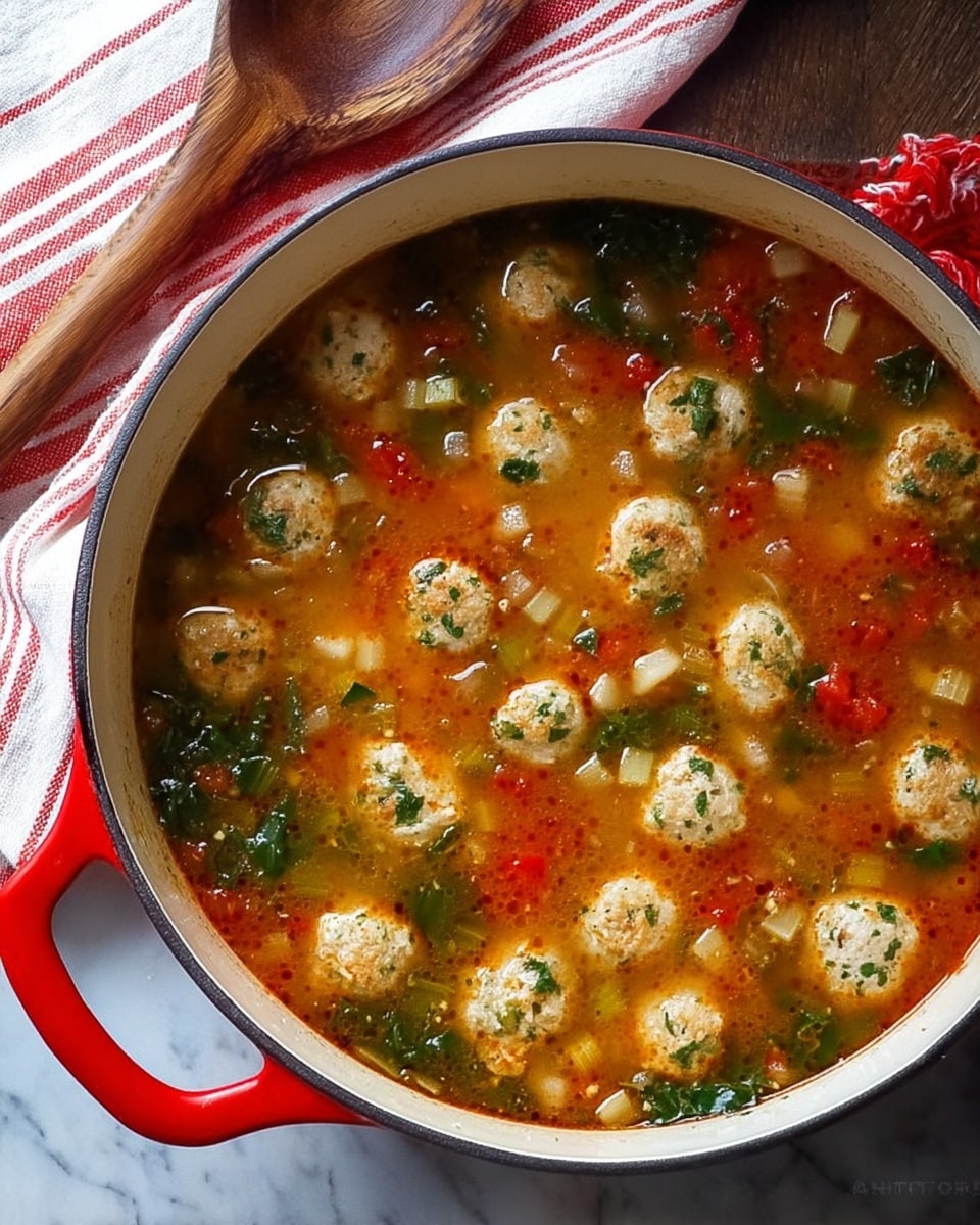 A close-up of a white pot filled with clear broth soup showing several light brown meatballs floating among various vegetables. The vegetables include dark green leafy kale, round slices of pale green zucchini, and chunks of bright red bell pepper. A golden ladle holds a scoop of the soup, displaying one meatball, chopped kale, zucchini slice, and red bell piece clearly above the pot. The surface beneath the pot is a white marbled texture. photo taken with an iphone --ar 4:5 --v 7