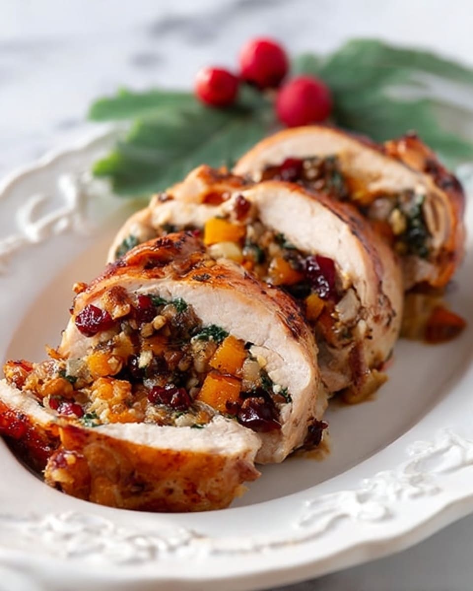 The image shows three thick slices of cooked stuffed chicken arranged on a white plate with ornate edges. Each slice reveals layers inside: the outer layer is a light brown cooked chicken, and the stuffing consists of diced orange vegetables, dark green leafy bits, small red pieces, and some brown nuts or seeds, all mixed together. There is a green leafy garnish in the background and a few red berries placed on a white marbled surface behind the plate. The photo is focused on the stuffed chicken, showing juicy texture and rich colors. Photo taken with an iphone --ar 4:5 --v 7