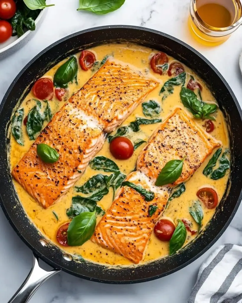 Tuscan Butter Salmon with Cherry Tomatoes and Spinach Recipe