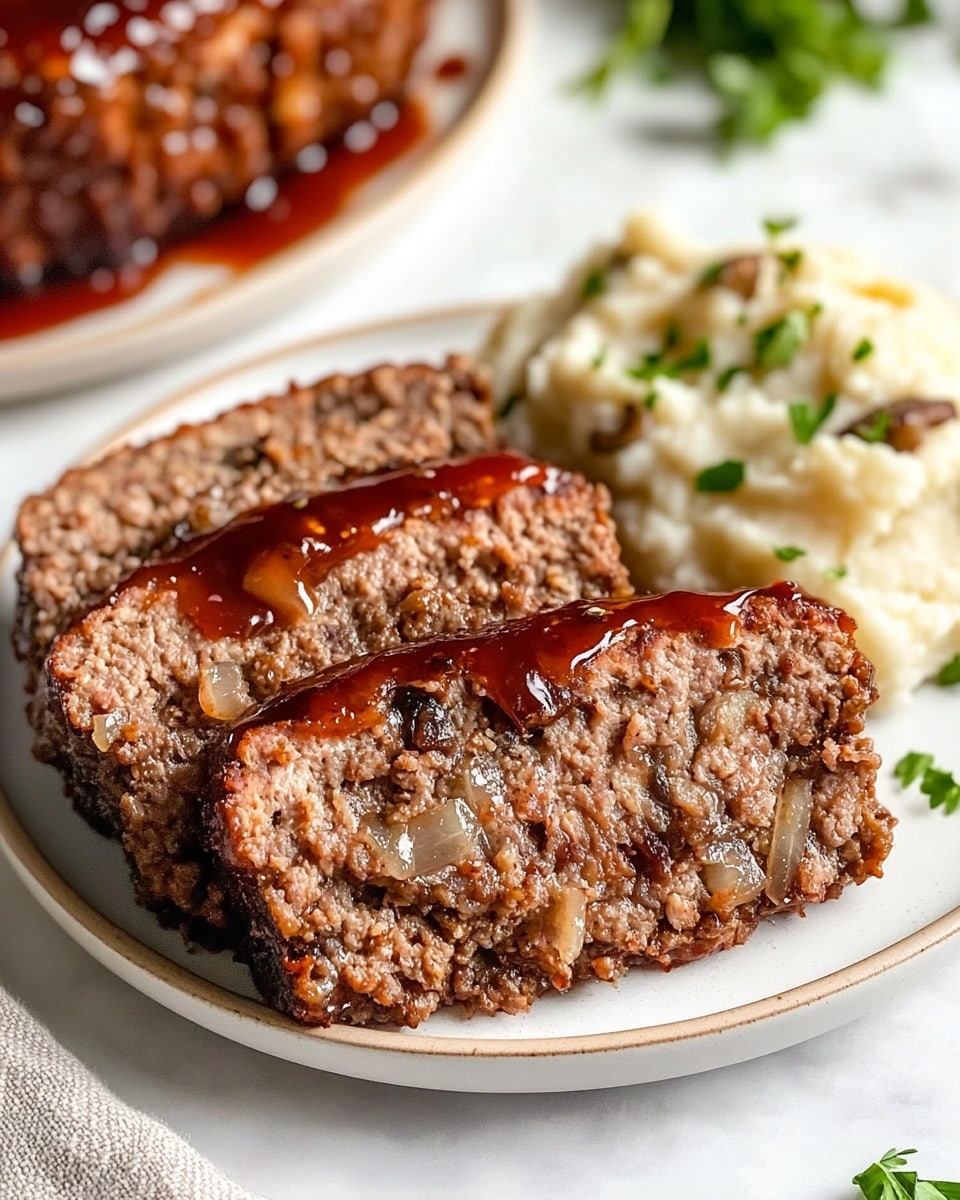 Three thick slices of meatloaf covered in shiny dark red sauce are placed on a white plate. The meatloaf has a slightly charred crust and small green herb sprinkles on top. To the right of the meatloaf, there are bright green broccoli florets and a small portion of creamy mashed potatoes. Behind the plate, a small glass bowl filled with red sauce sits on a beige cloth with black stripes. The whole scene is set on a white marbled surface, with a silver fork visible on the left side. photo taken with an iphone --ar 4:5 --v 6.1