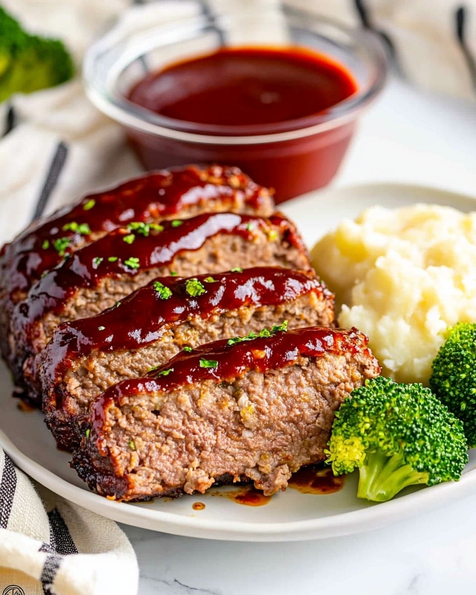 A loaf of meatloaf is shown on a white oval plate sitting on a white marbled surface. The meatloaf is sliced into three thick pieces near the front with the larger unsliced portion at the back. It has a shiny, reddish-brown glaze on top with small green parsley leaves scattered all over. The inside texture of the meatloaf is brown and slightly crumbly with bits of onion visible. Fresh green parsley is placed near the back of the plate, adding a touch of color to the presentation. Photo taken with an iphone --ar 4:5 --v 6.1
