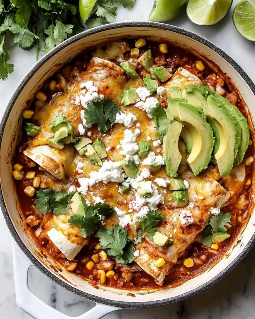 One Skillet Street Corn Chicken Enchilada Bake Recipe