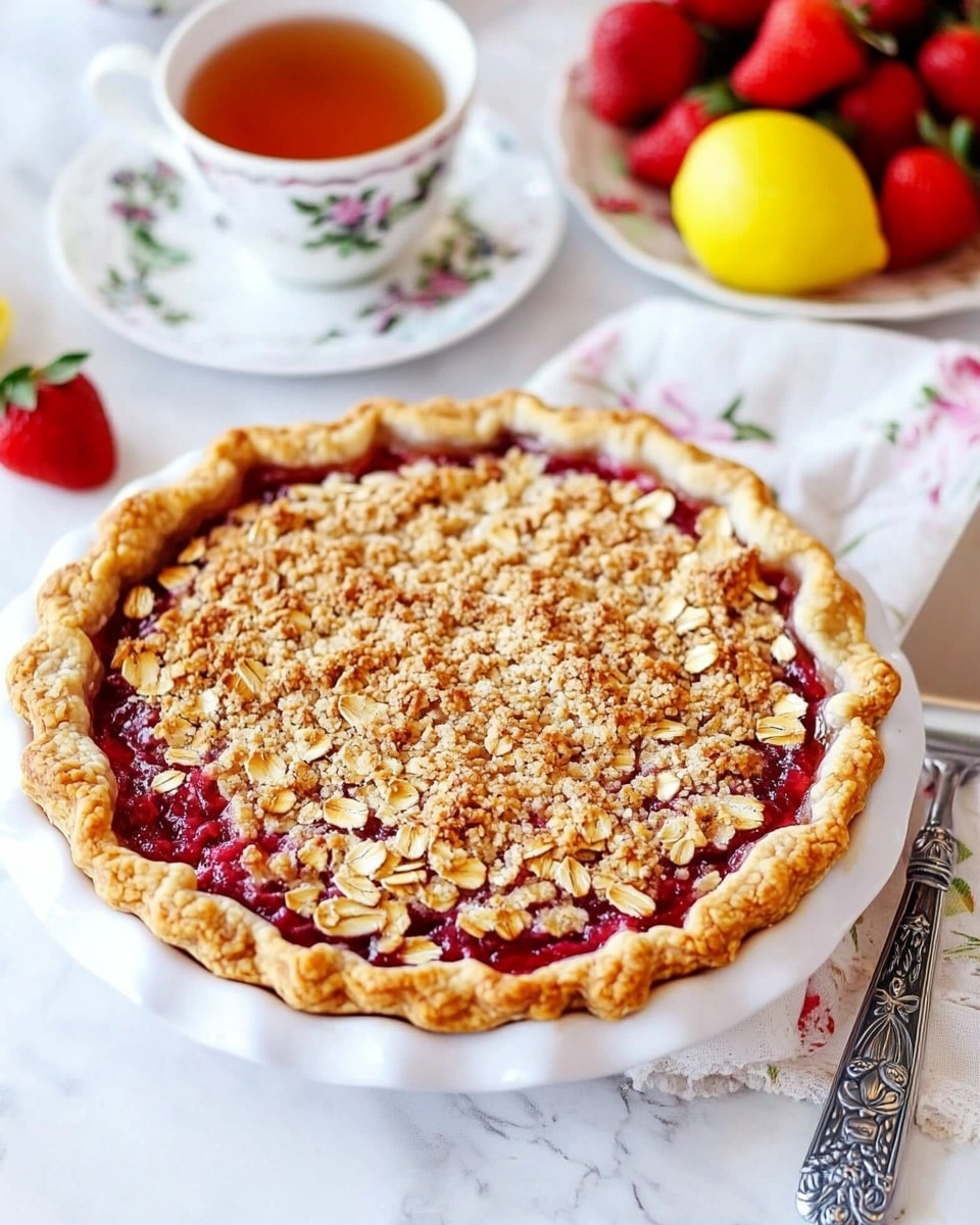 The image shows a round fruit crumble pie with a thick crumbly top layer that is golden brown and textured with small clumps, partly eaten inside a white dish. One slice is placed on a white plate with a delicate lace-like edge, showing three distinct layers: a golden brown crust at the bottom, a bright red strawberry filling in the middle with visible pieces of fruit, and the crumbly topping that looks rough and crunchy. There are fresh strawberries scattered around, a white bowl filled with whole strawberries, two lemon wedges on the side, a silver fork resting on the plate, and a cup of tea with amber liquid on a white marbled surface with a floral napkin nearby. A silver spatula with cut-out star shapes rests inside the pie dish. The photo taken with an iphone --ar 4:5 --v 6.1