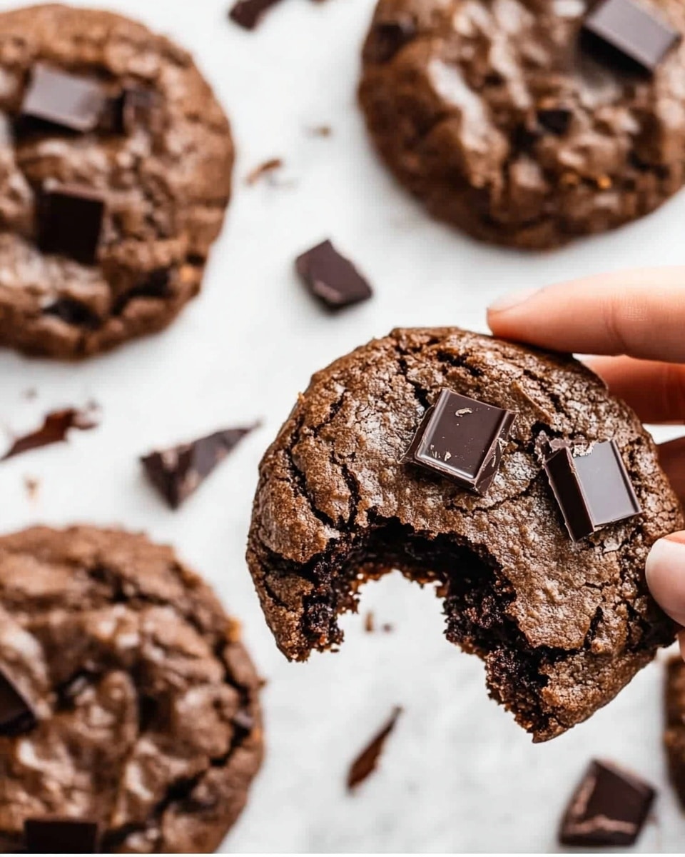 The image shows several round chocolate cookies with a rough, slightly cracked surface, topped with uneven chunks of dark and silver chocolate pieces scattered on top. The cookies rest on a textured white marbled surface, creating a casual and homemade look. On the right, a woman's hand holds one cookie broken in half vertically, revealing a soft, moist, dark brown inside with chocolate bits throughout. The color contrast between the dark chocolate cookie and the shiny chocolate chunks on top makes the texture and richness visible. Photo taken with an iphone --ar 4:5 --v 6.1