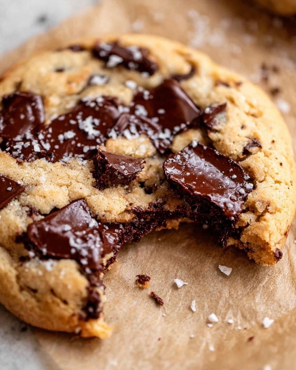 A close-up view of a large cookie with a rough, golden-brown surface filled with dark brown, melted chocolate chunks spread unevenly across the top layer. The cookie has one bite taken out from the right side, showing a soft and slightly crumbly inside with more melted chocolate inside. The cookie is resting on light brown parchment paper with scattered white salt flakes on top of the cookie. The background has a white marbled texture visible in soft focus. Photo taken with an iphone --ar 4:5 --v 7