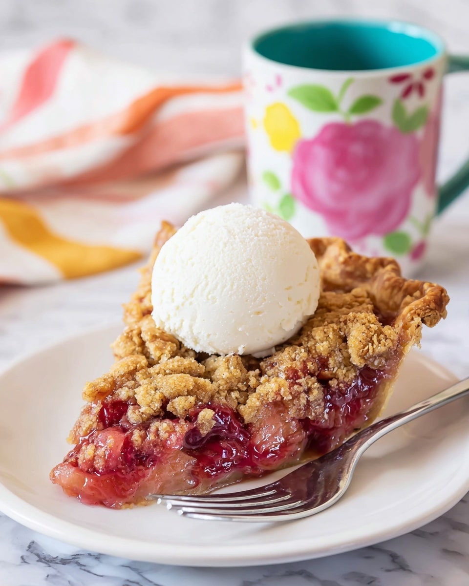 A single slice of fruit crumble pie sits in the center of a white plate, showing three layers: a golden brown flaky crust at the bottom with a slight crimped edge, a thick layer of chunky, shiny red and pink fruit filling in the middle, and a crumbly, textured golden brown streusel topping covering the fruit. On top rests a round scoop of smooth white ice cream with soft edges. A shiny silver fork is placed on the right side of the plate. In the blurred background, a colorful mug with pink, white, yellow, and green floral patterns and a turquoise inside sits next to a striped cloth napkin in shades of white, orange, and yellow, all set against a white marbled surface. Photo taken with an iphone --ar 4:5 --v 7