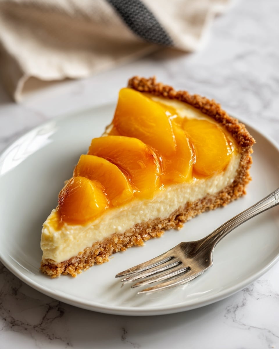 This image shows a slice of peach tart on a white plate with a silver fork placed beside it. The tart has three main layers: a golden brown, crumbly crust at the bottom, a creamy pale yellow cheese or custard filling in the middle, and four glossy, bright orange peach slices neatly arranged on top, slightly overlapping. The tart slice looks moist and slightly shiny from the syrup over the peaches. The background is a white marbled surface with a soft-focus cloth in beige and black on the upper left. Photo taken with an iphone --ar 4:5 --v 7