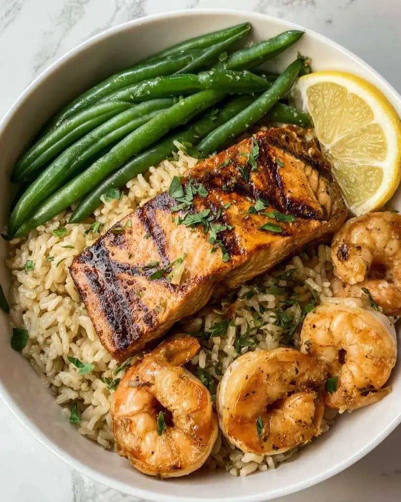 Creamy Lemon Garlic Orzo with Salmon and Shrimp Recipe