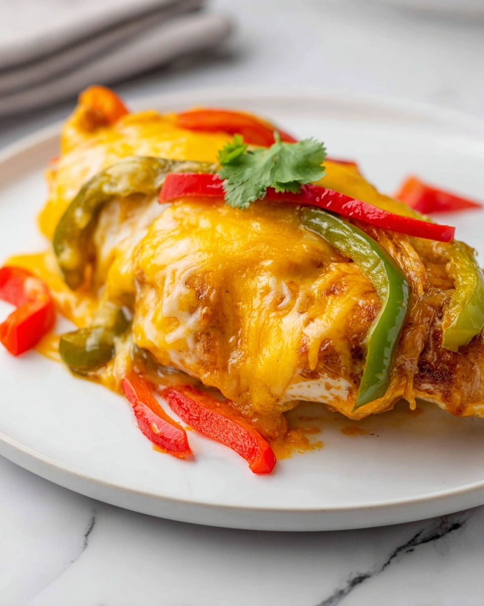 The image shows a white rectangular baking dish filled with a colorful layered casserole. The bottom layer looks soft and creamy, covered by a thick layer of melted golden-yellow cheese that blankets the surface with a slightly textured, bubbly look. Bright strips of red, yellow, and green vegetables are scattered evenly on top of the cheese, giving the dish vibrant color spots. Small fresh green cilantro leaves are placed in a few spots on top for decoration. The dish is placed on a white marbled surface with a beige cloth napkin beside it, and a woman's hand is gently touching the corner of the dish. Photo taken with an iphone --ar 4:5 --v 7