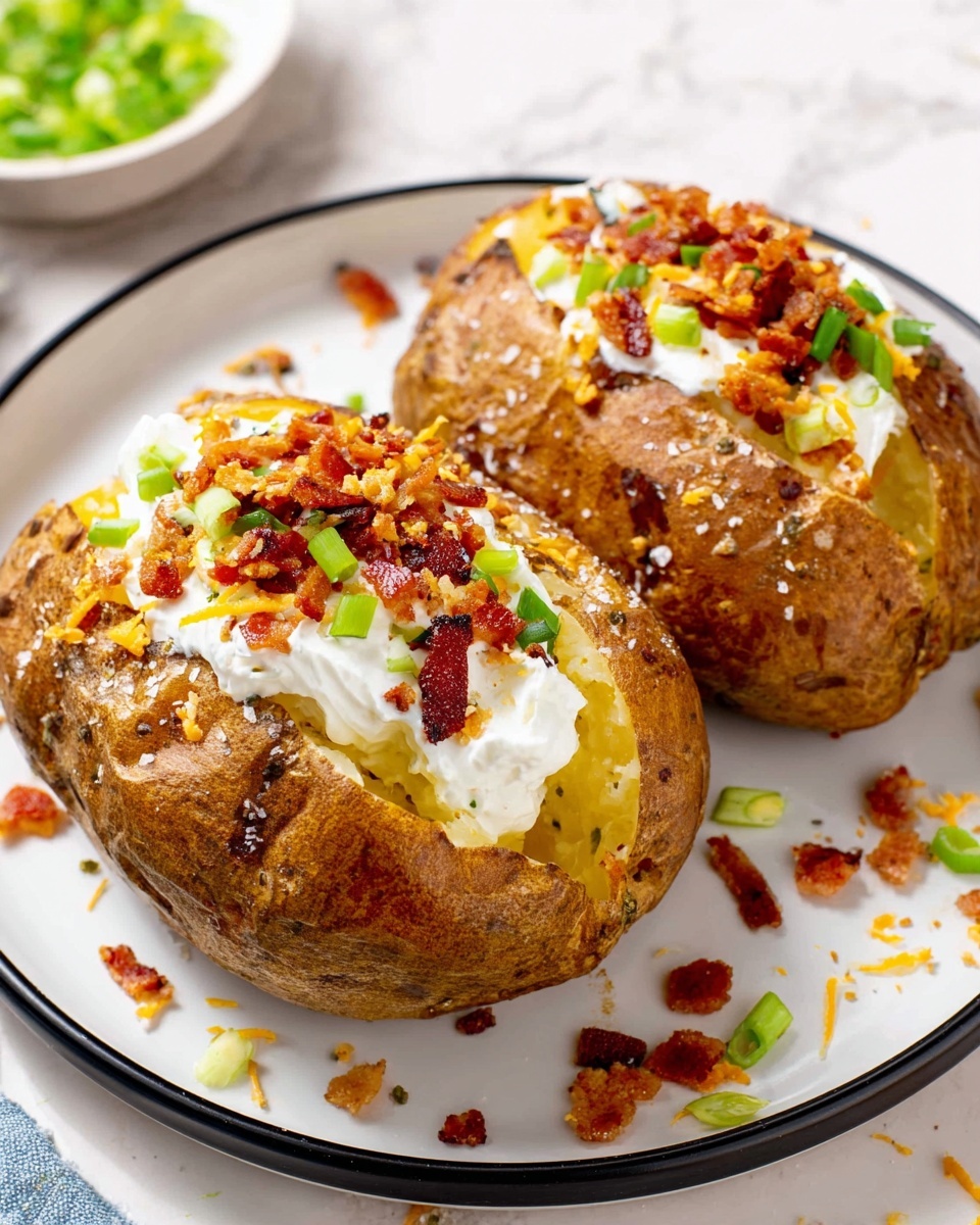 Two baked potatoes sit side by side on a white plate with a black rim, placed on a white marbled surface. Each potato has a rough, brown, and slightly crispy skin with visible salt flakes on top. The potatoes are split open, revealing fluffy yellow insides. A thick layer of white sour cream spreads across the opened part, topped with small, crispy reddish-brown bacon bits and bright green chopped scallions scattered over both. There are a few scattered bits of bacon and scallions around the plate adding to the casual look. Photo taken with an iphone --ar 4:5 --v 7