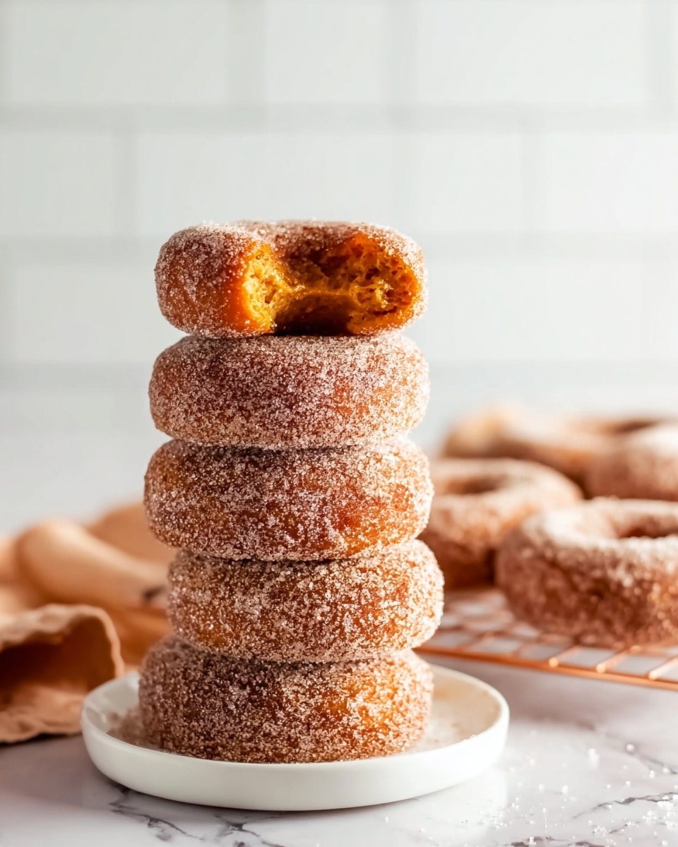 A tall stack of six brown doughnuts covered in sugar, with one doughnut on the top broken in half to show a soft, orange inside. The doughnuts have a rough texture from the sugar coating. The stack is on a round white plate that has a thin wire rack pattern, placed on a white marbled surface. In the background, there are more doughnuts that are out of focus against a white tiled wall. The lighting is bright and natural. Photo taken with an iphone --ar 4:5 --v 7
