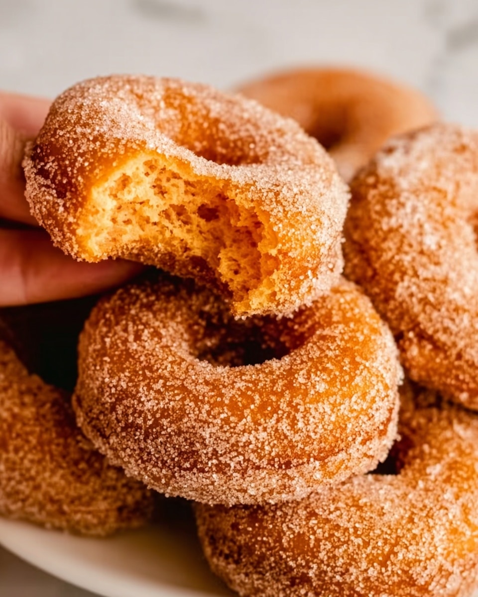 A close-up of a batch of golden brown donuts covered with a layer of fine sugar crystals, with one donut held by a woman's hand showing a soft, moist, orange-colored inside texture from a bite taken out. The donuts have a slightly rough surface texture from the sugar and appear light and fluffy. They are placed on a white plate, all set on a white marbled surface. photo taken with an iphone --ar 4:5 --v 7