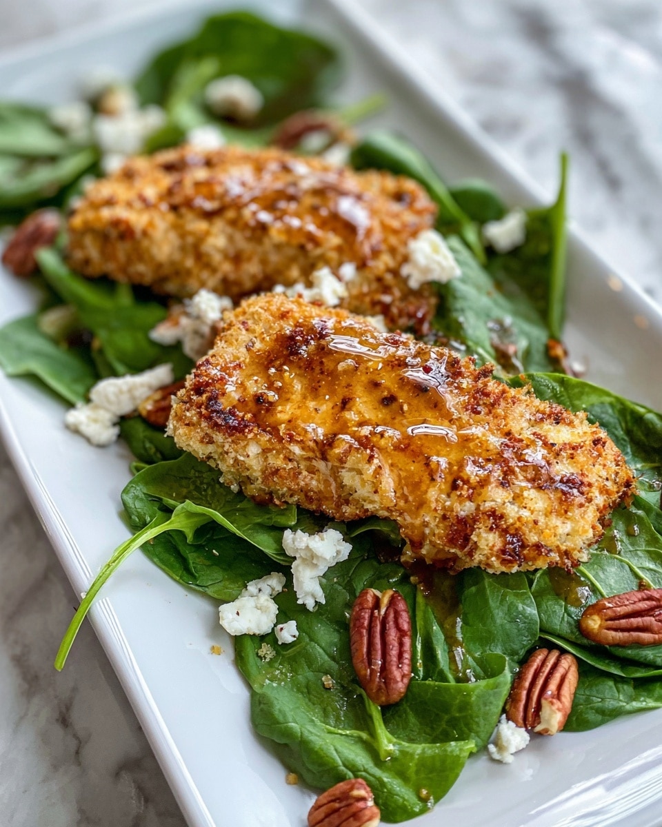 The dish shows two golden-brown crispy coated pieces placed side by side on a bed of dark green fresh spinach leaves arranged neatly on a long white plate. The crispy pieces have a rough textured crust with small bits of nuts giving a crunchy look. Scattered around the spinach are whole pecans and small white crumbled cheese pieces adding extra texture and color. There is a light brown sauce drizzle on top of the crispy pieces which shines under the light. The plate is set on a white marbled surface. photo taken with an iphone --ar 4:5 --v 7
