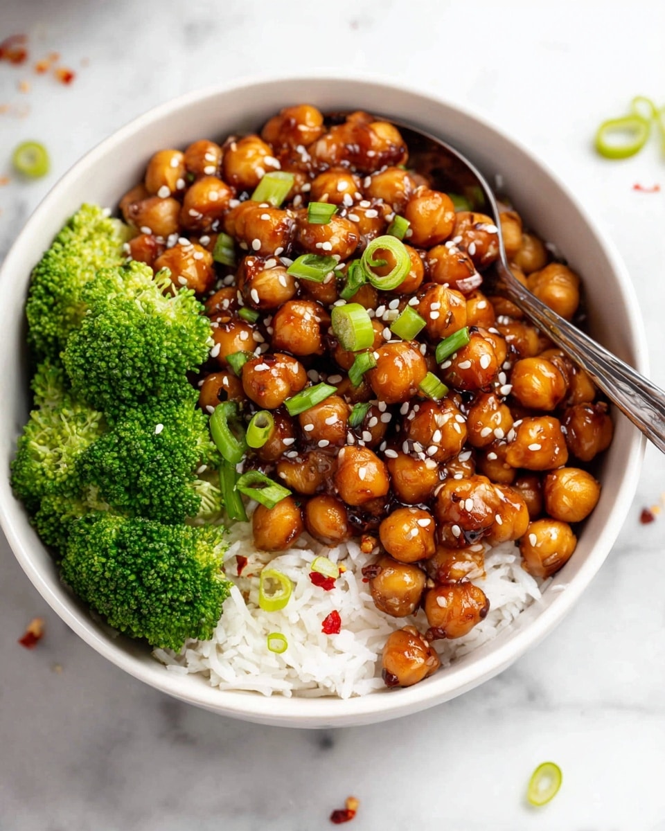 A white bowl filled with three main layers: at the bottom, there is a base of white rice; on the left side, bright green broccoli florets are placed; on the right side, there is a layer of golden-brown chickpeas coated with a shiny sauce, sprinkled with white sesame seeds and red chili flakes. Some thin slices of green onion are scattered over the chickpeas. A silver fork rests inside the bowl on the left side, partially in the rice. The background is a white marbled texture with small bowls of red spices slightly blurred. Photo taken with an iphone --ar 4:5 --v 7