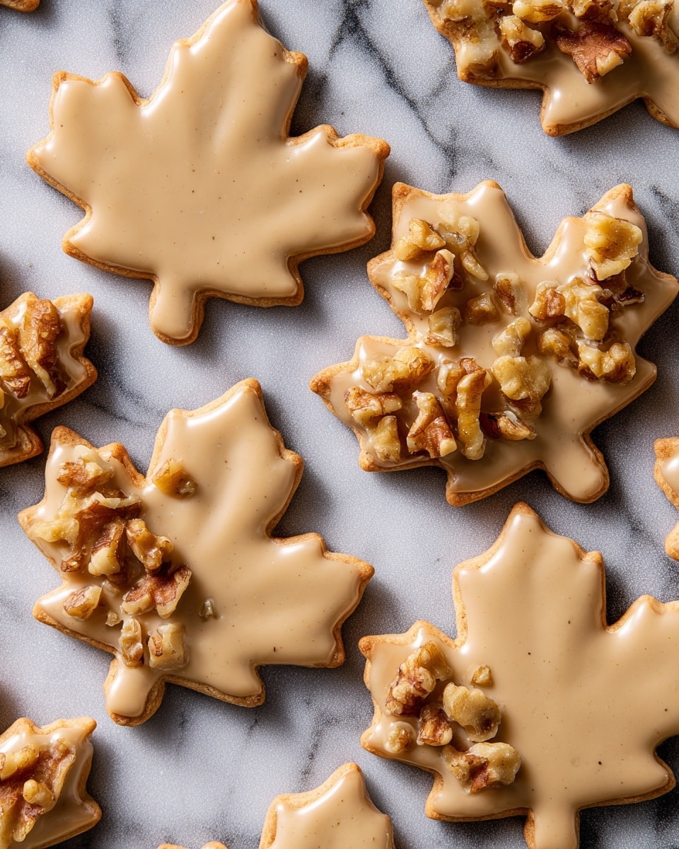 The image shows several leaf-shaped cookies with a smooth, light brown icing layer covering the top. Each cookie has small pieces of chopped walnut scattered on top of the icing, adding a rough texture and darker brown color in spots. A woman's hand is gently picking up one of the cookies, showing the cookie's thickness and slightly crumbly edges. The cookies are placed on a flat surface with a white marbled texture visible around them. The photo taken with an iphone --ar 4:5 --v 7