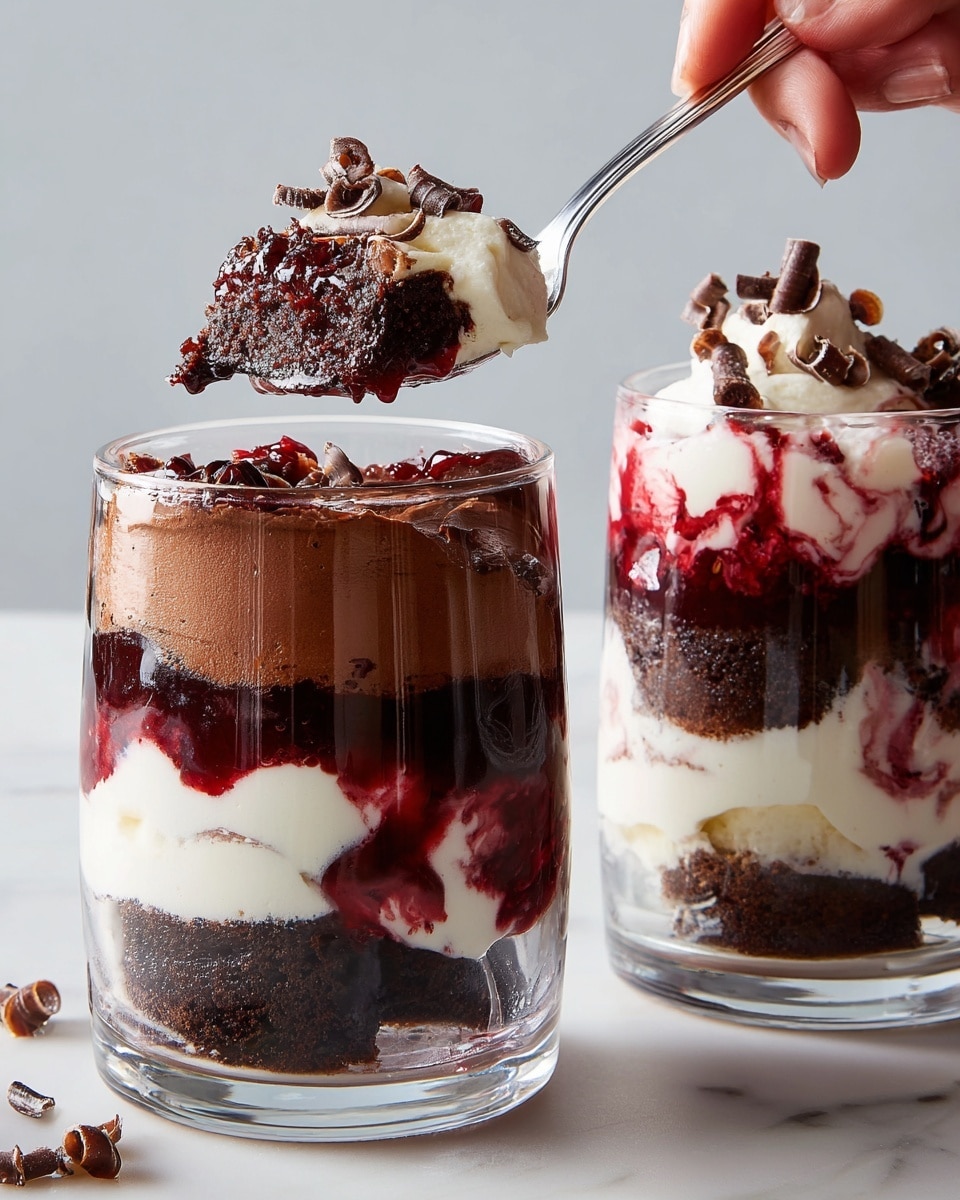 The image shows a glass dessert with four visible layers. The bottom layer is dark chocolate, smooth and thick. Above it is a bright white creamy layer, slightly soft in texture. The third layer is a mix of dark chocolate and a shiny, deep red berry sauce that swirls through the dessert, creating a marbled effect. The top layer is a fluffy white cream with dark chocolate curls sprinkled on it. A silver spoon lifts a portion from the top, showing the layers blending together in a glossy mix. The glass sits on a white marbled surface. Photo taken with an iphone --ar 4:5 --v 7