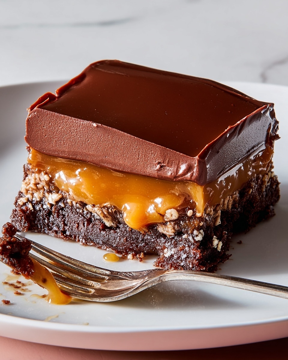 A close-up of a square dessert with three visible layers placed on a white plate with a white marbled surface in the background. The top layer is thick and smooth chocolate with a rich dark brown color and slight shine. The middle layer is a gooey, golden caramel that appears soft and sticky, slightly oozing on the sides. The bottom layer is a darker chocolate base with a crumbly, slightly rough texture mixed with small white bits that add contrast. A silver fork with bits of caramel and chocolate rests on the plate near the dessert. photo taken with an iphone --ar 4:5 --v 7