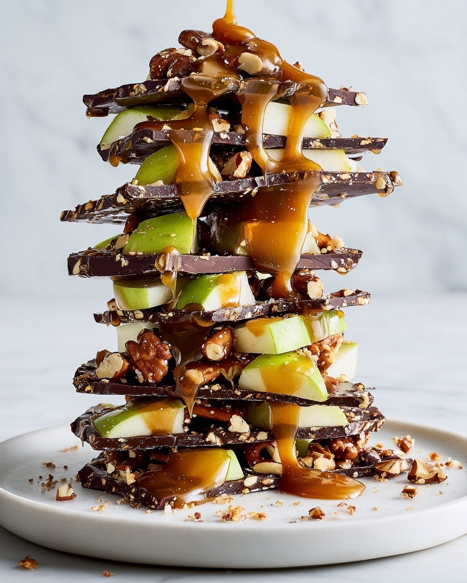 A tall stack of six uneven layers of broken dark chocolate pieces filled with pretzels and nuts, each layer separated by chunks of light green apple, sits on a white plate over a white marbled background. Thick, golden caramel sauce drips slowly from the top, running down through the layers and pooling on the plate. Small bits of salt and crumbs are scattered around the base, adding texture to the scene. Photo taken with an iphone --ar 4:5 --v 7