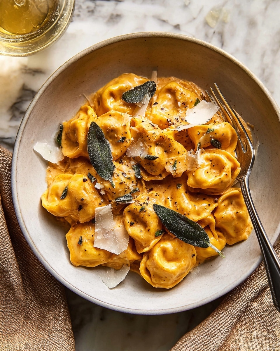 A white bowl filled with a single layer of plump, golden-orange tortellini pasta coated in a creamy sauce. On top, there are several crisp, deep green sage leaves scattered evenly, along with thin, uneven white shavings of cheese. A silver fork touches the pasta on the right side of the bowl, and the bowl rests on a white marbled surface partially showing a beige cloth napkin. A glass with a light golden drink is blurred in the background. Photo taken with an iphone --ar 4:5 --v 7