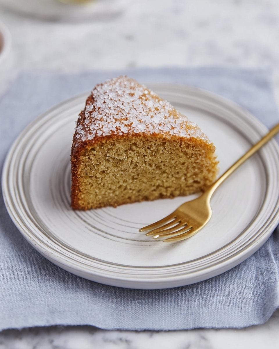 A single slice of light golden brown cake with a coarse, grainy texture sits on a white plate with thin gray rings near the edge. The cake slice is covered around the outside with coarse sugar crystals that sparkle. A gold fork lies beside the cake on the plate, all placed on a light blue folded cloth. The background is a white marbled texture. photo taken with an iphone --ar 4:5 --v 7