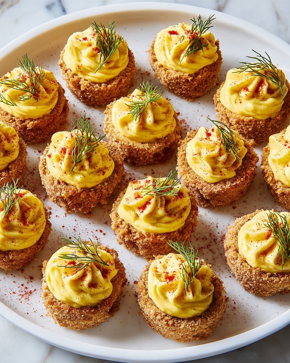 The image shows a white round plate with twelve small round appetizers arranged neatly in rows. Each appetizer has two layers: the base layer is a light brown, crumbly, and crispy shell with a slightly rough texture, and the top layer is a bright yellow, smooth, swirled dollop of creamy filling. Each dollop is dusted lightly with a red powder and garnished with a small sprig of fresh green dill on top. The plate is set on a white marbled surface. Photo taken with an iphone --ar 4:5 --v 7