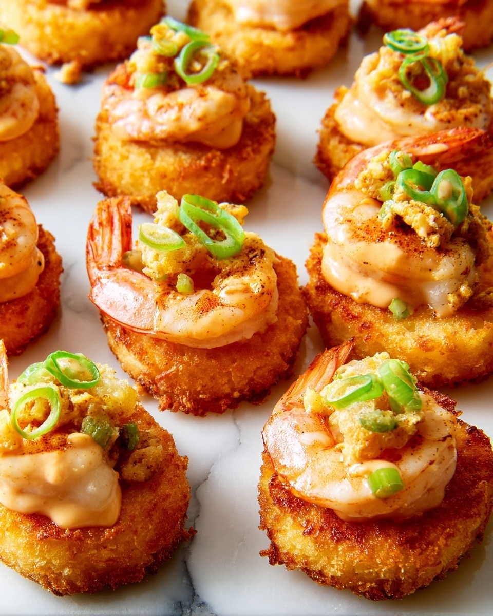 The dish shows three stacked servings on a white plate, each serving having three layers: the bottom layer is a golden brown fried base with a crispy texture, the middle layer is a mix of cooked small vegetable pieces that look soft and yellowish, and the top layer has one or two cooked shrimp with a shiny, slightly pink color. A creamy light orange sauce with specks is drizzled over the shrimp and the layers below, and fresh green onion slices are scattered on top and around. The white marbled background adds a clean look to the presentation. Photo taken with an iphone --ar 4:5 --v 7