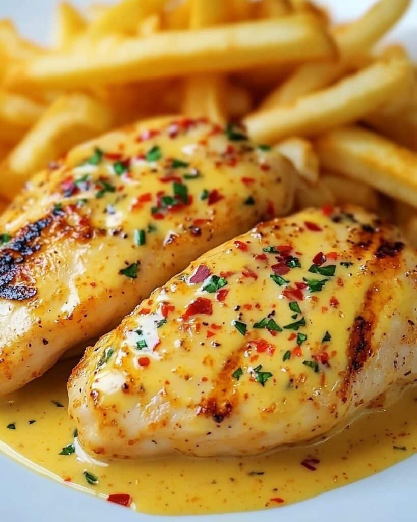 Creamy Garlic Parmesan Chicken Fillets with Spicy Sauce and Crispy Fries Recipe