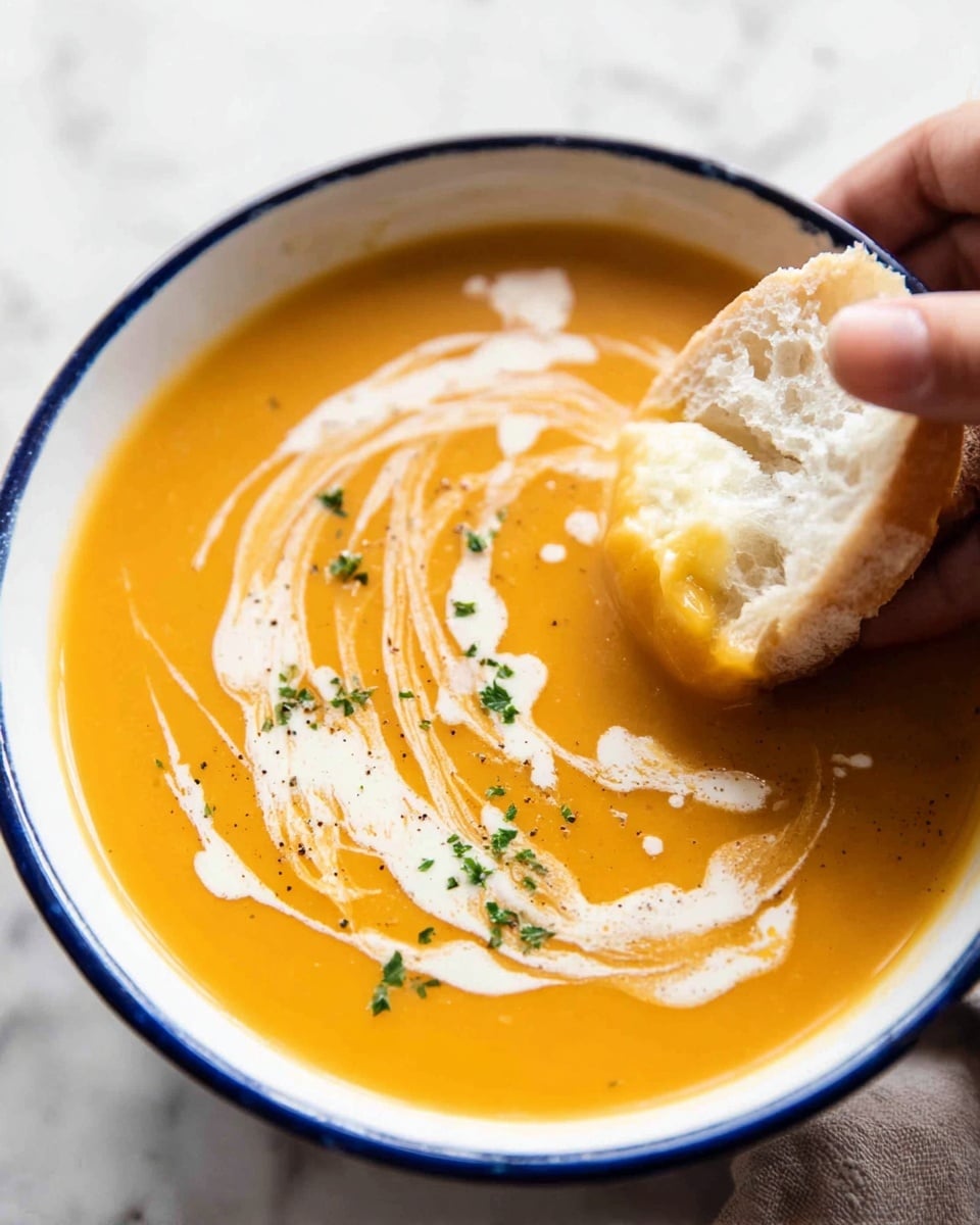 A bowl of smooth orange soup fills most of a white bowl with a blue rim, resting on a white marbled surface. The soup has a glossy surface with swirls of white cream drizzled artistically on top, sprinkled with small, finely chopped green herbs and a few black pepper specks. On the right side, a woman's hand holds a piece of soft white bread dipped into the soup, showing the bread partially soaked, with some soup dripping off. The scene is close-up, bright, and warm. Photo taken with an iphone --ar 4:5 --v 7