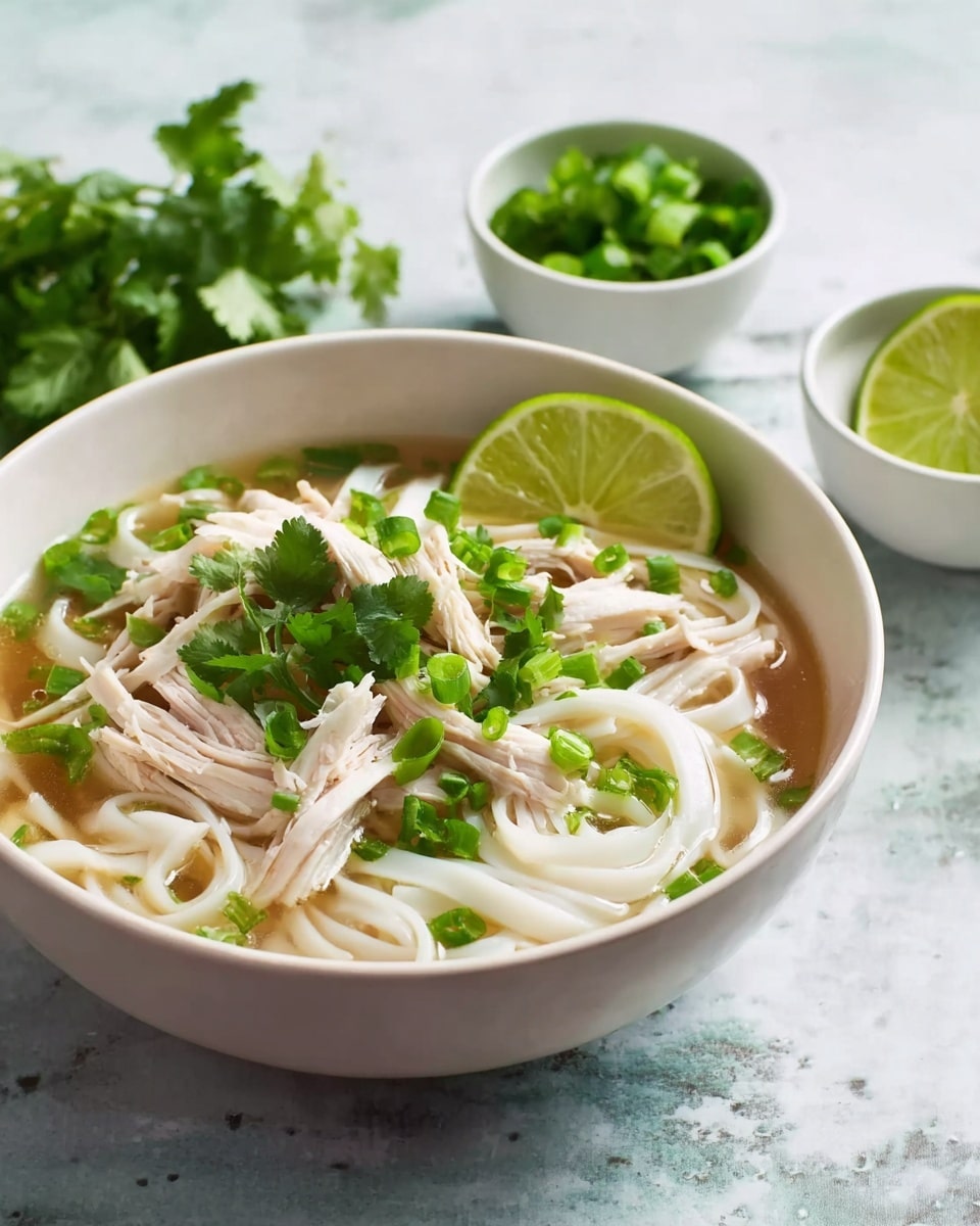 A white bowl filled with several layers of food: at the bottom, clear broth with a shiny surface, then thick white noodles arranged loosely, topped with thin strips of white cooked chicken, bright green chopped scallions, and fresh cilantro leaves scattered on top. A light green lime wedge sits inside the bowl beside the cilantro. Near the bowl, there are lime wedges and small white bowls with green leafy herbs on a white marbled textured surface. The whole scene is simple and fresh. Photo taken with an iphone --ar 4:5 --v 7