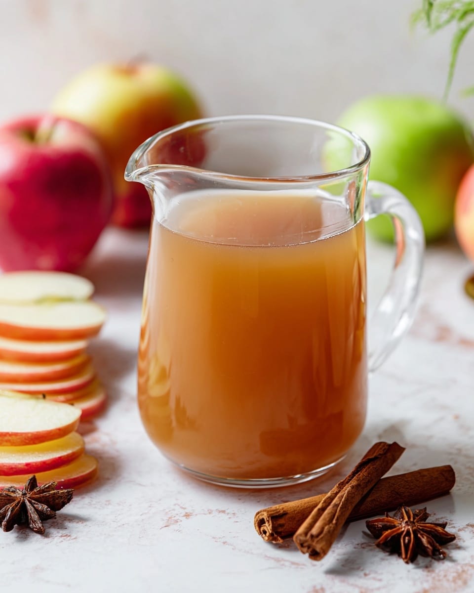 A clear glass pitcher filled with light brown apple cider sits on a white marbled surface. To the left of the pitcher, there are thin slices of red apple stacked neatly, with a whole red apple and a whole green apple slightly blurred in the background. In front of the pitcher, two cinnamon sticks rest on the white marbled surface, and a star anise is visible near the bottom right corner. The setting gives a fresh, cozy feeling with soft natural light highlighting the warm color of the cider. Photo taken with an iphone --ar 4:5 --v 7