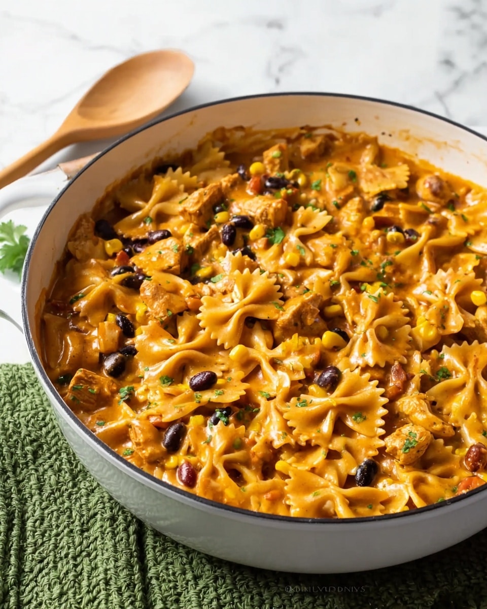 A large white pan filled with a creamy pasta dish made of farfalle pasta, black beans, corn kernels, and pieces of chicken in a smooth orange sauce. The dish looks rich and mixed, with the pasta and ingredients spread evenly on top, and the pan is placed on a green textured cloth on top of a white marbled surface with a wooden spoon blurred in the background. Photo taken with an iphone --ar 4:5 --v 7