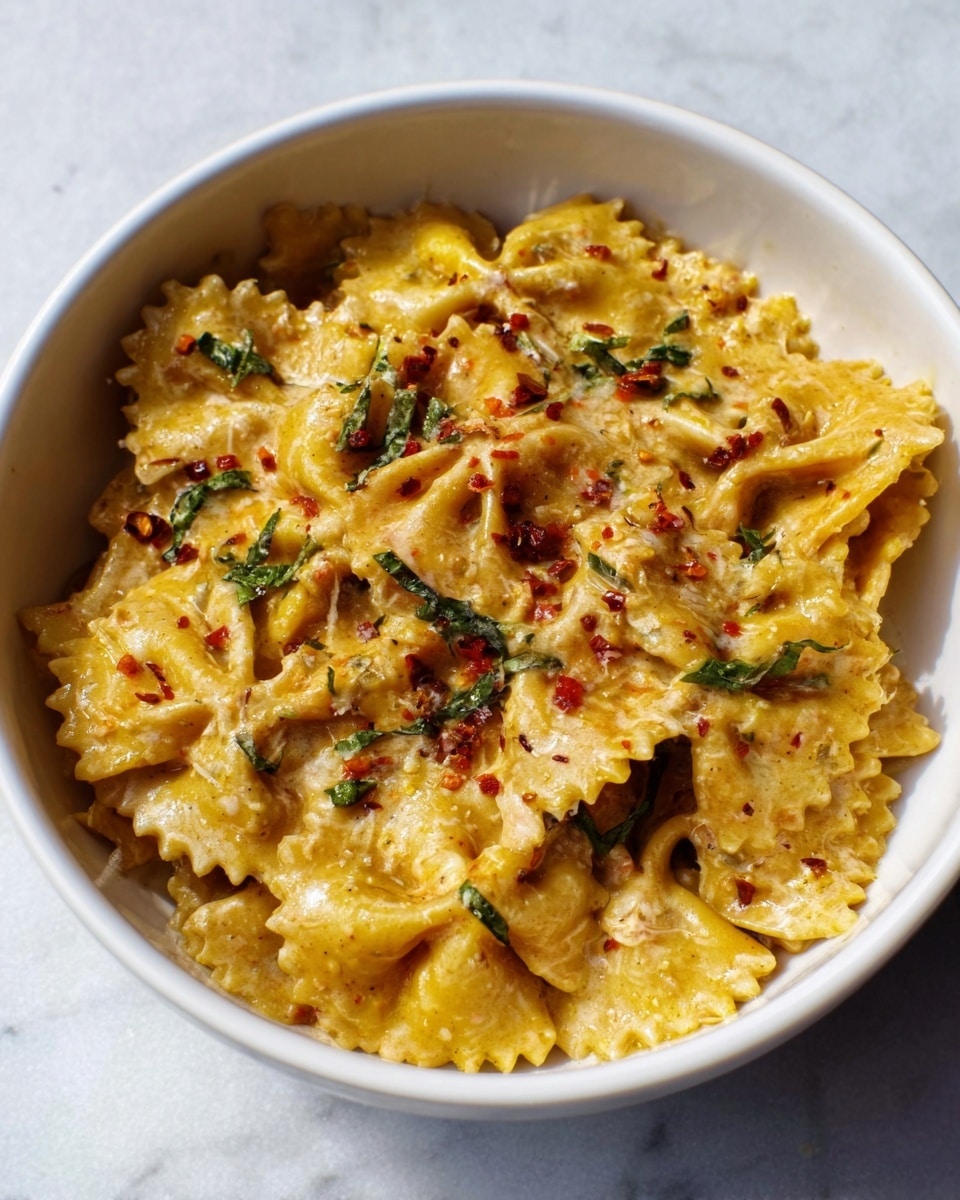 A white bowl filled with creamy pasta made of small, square-shaped ravioli with ridged edges, coated in a light orange sauce. The pasta is mixed with pieces of sun-dried tomatoes and green spinach leaves, all topped with a sprinkle of black pepper and red chili flakes. The bowl sits on a white marbled surface with natural light casting soft shadows. photo taken with an iphone --ar 4:5 --v 7