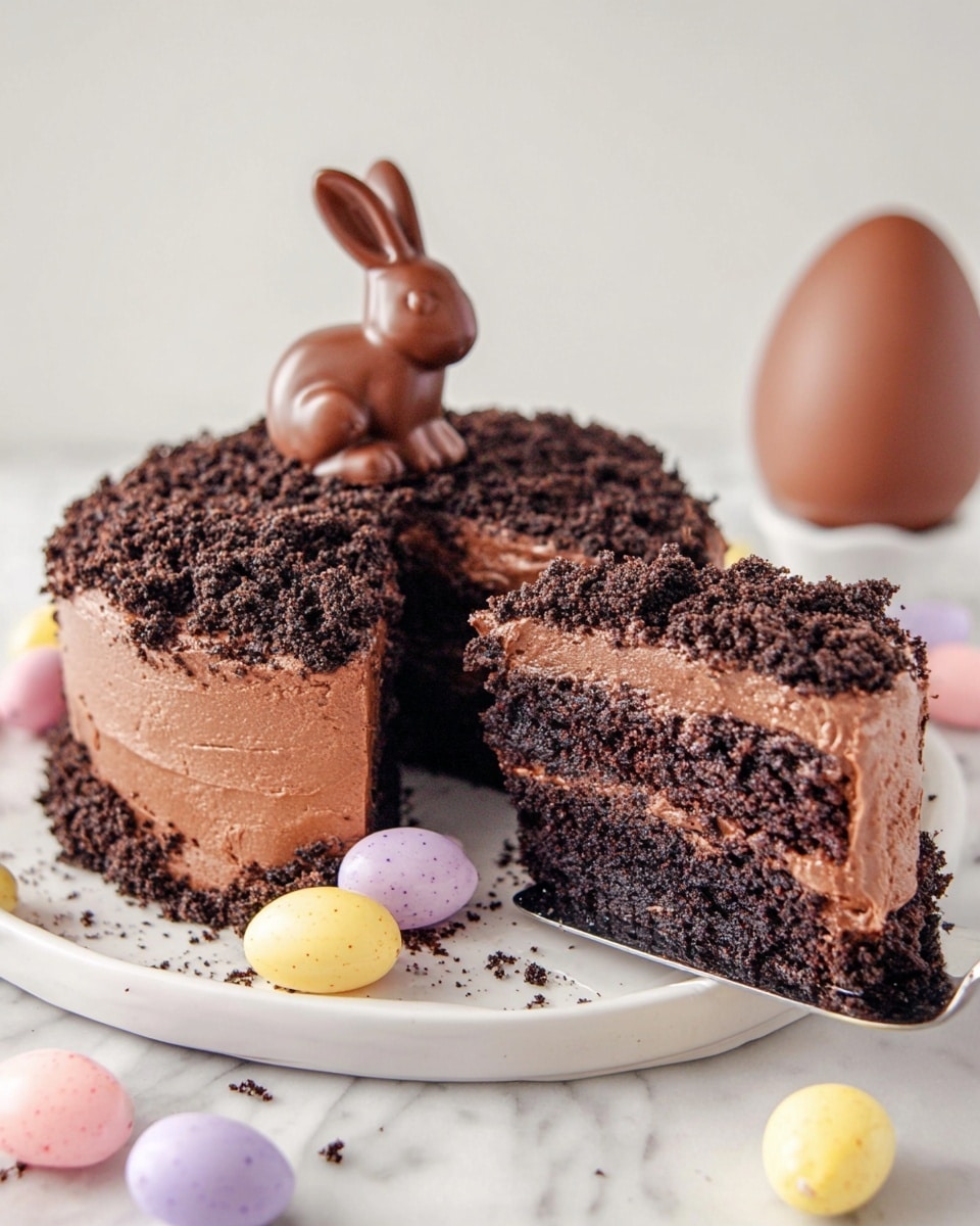 A chocolate cake with two layers is shown on a white plate on a white marbled surface. The bottom layer is dark brown and moist, while the top is covered with smooth chocolate frosting. On top of the cake, there is a thick layer of crushed chocolate crumbs that look like soil. Sitting in the crumbs is a solid milk chocolate bunny. Around the cake and on the surface, there are small pastel-colored candy eggs in pink, yellow, purple, and white. A slice of cake is being lifted with a silver cake server, showing the rich texture inside. In the background, there is a milk chocolate egg. Photo taken with an iphone --ar 4:5 --v 7