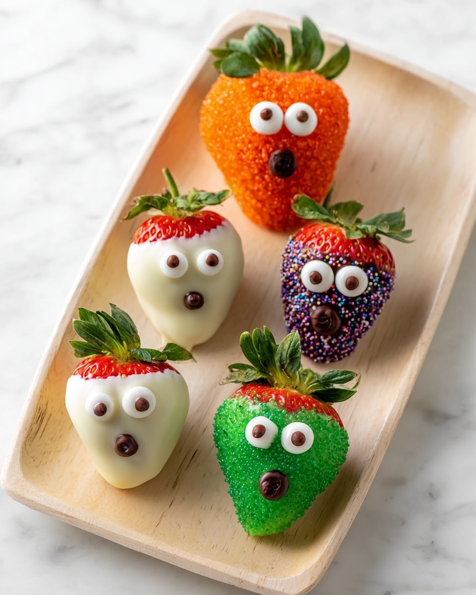 A white round plate holds sixteen decorated strawberries arranged in a loose circle on a white marbled surface. The strawberries are each covered in different colors and textures, including green sugar coating, orange sugar coating, white chocolate, and dark chocolate with colorful round sprinkles. Each strawberry has candy eyes placed near the top, and some have small chocolate buttons to create surprised or scared facial expressions. Two white chocolate skeleton hands reach in from the edges, holding some of the strawberries. The bright colors and playful faces give a fun, Halloween-themed look. photo taken with an iphone --ar 4:5 --v 7