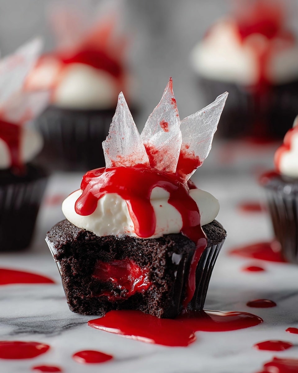 The image shows a dark chocolate cupcake with three clear, sharp candy shards placed upright on top. The cupcake has a thick white frosting layered above a rich red filling visible through a bite taken from it. Bright red sauce is dripped over the frosting and candy shards, creating a dripping effect down the sides and on the white marbled surface below. Multiple similar cupcakes are blurred in the background, with the main focus on the bitten cupcake in the front. Photo taken with an iphone --ar 4:5 --v 7