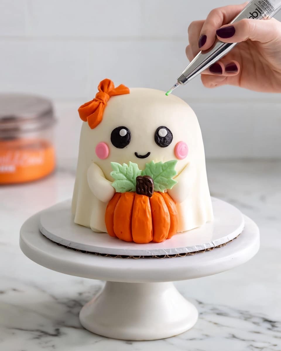 A small ghost-shaped cake covered in smooth white frosting with two black round eyes that have white dots inside, pink round cheeks, and a small curved black smile. The ghost holds a bright orange pumpkin with ridges, a dark brown stem, and a small green leaf. There is also a small orange bow on the ghost's top left side. A woman's hand with dark purple nails is decorating a green leaf on the pumpkin using a piping bag. The cake sits on a white round cake board placed on a white cake stand, all set on a white marbled surface. Photo taken with an iphone --ar 4:5 --v 7