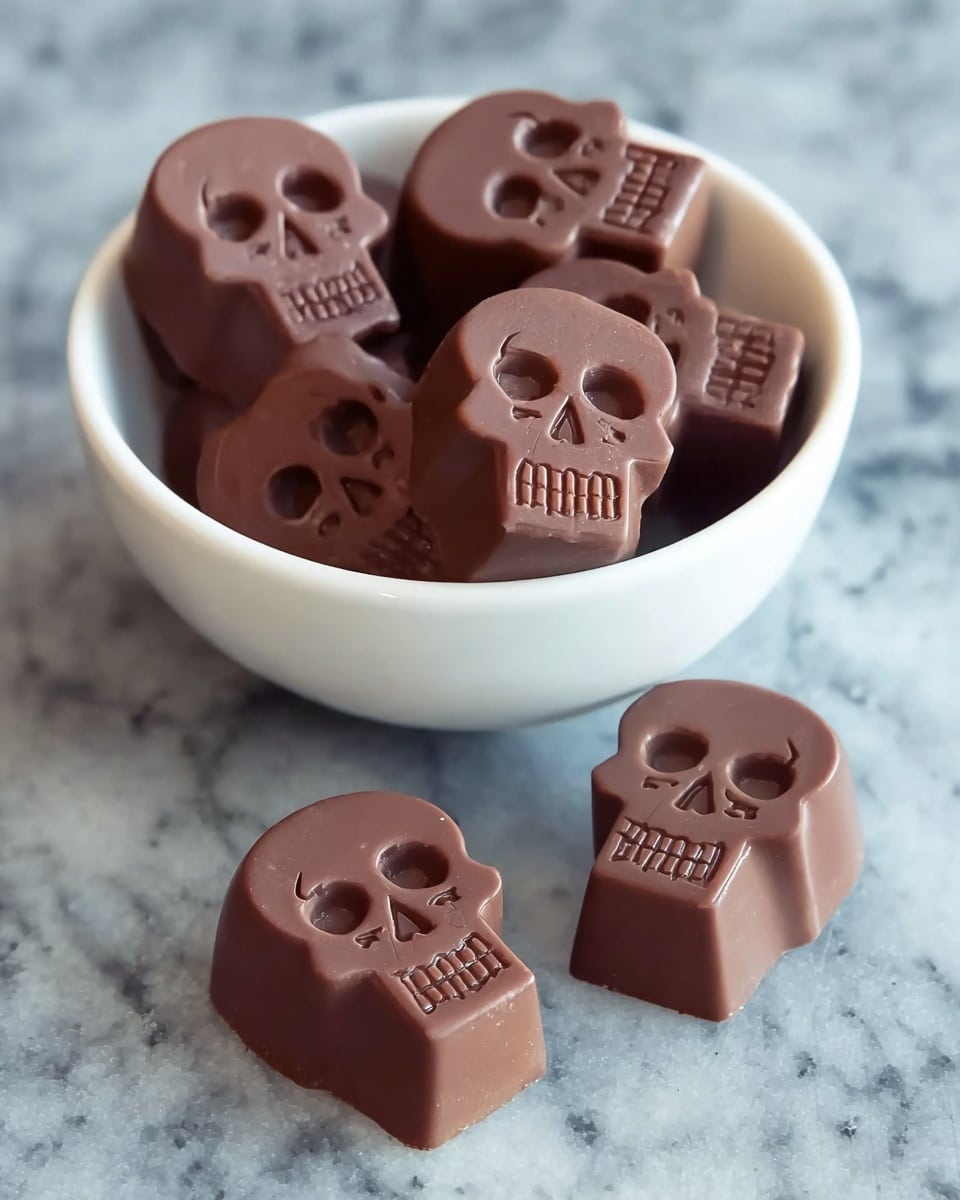 This image shows a small white bowl filled with multiple chocolate candies shaped like skulls. Each candy has a smooth texture and a medium brown color with detailed skull faces carved into the top, showing hollow eyes and a mouth with small teeth. Two chocolates are placed outside the bowl on a white marbled surface, standing upright and showing the same skull detail clearly on the front. The candies have a thick, solid form with flat bottoms and slightly rounded sides. The photo taken with an iphone --ar 4:5 --v 7