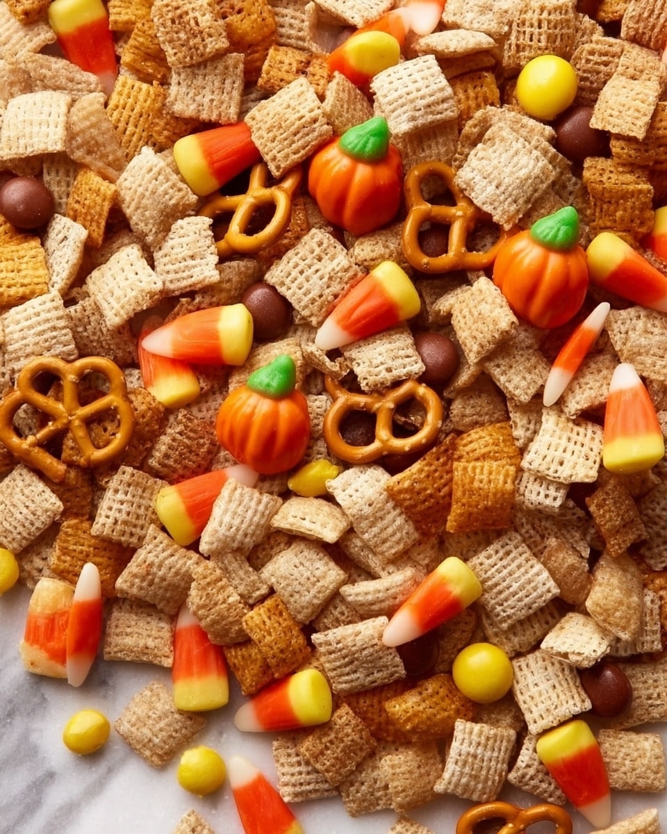 The image shows a close-up view of a colorful snack mix spread evenly. The mix has several layers of different items: light tan square cereal pieces with a woven texture, small golden-brown pretzels with a twisted shape, and cone-shaped, crunchy yellow snacks with a ridged surface. Interspersed throughout are bright candy pieces, including orange pumpkin-shaped candies with green tops, candy corns with a yellow base, orange center, and white tip, and small round candies in yellow, orange, and dark brown colors. The image is bright and vibrant, with the mixture filling the entire frame on a white marbled surface. Photo taken with an iphone --ar 4:5 --v 7