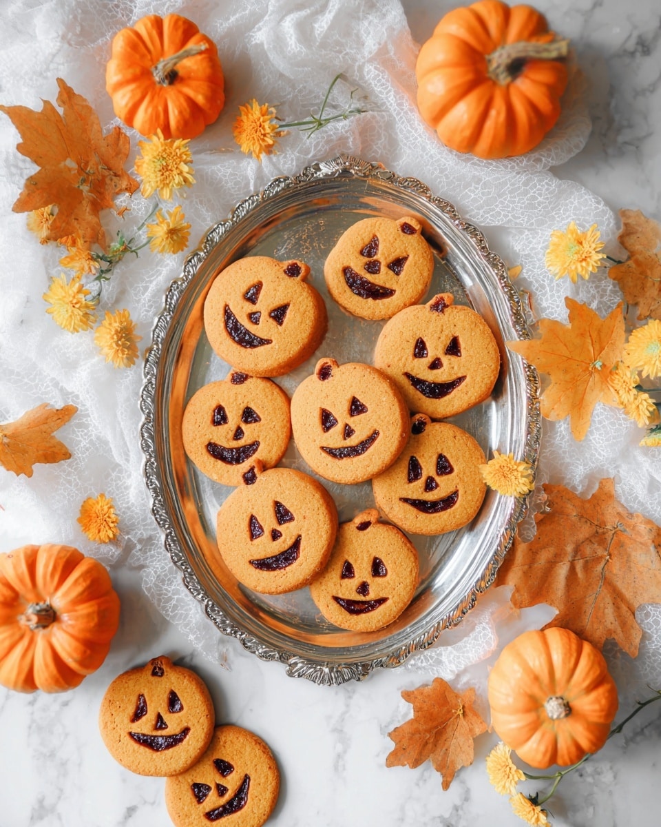 The image shows several pumpkin-shaped cookies arranged on a shiny silver tray with intricate designs. Each cookie is orange with a smooth texture and has two layers. The top layer has carved-out eyes, nose, and mouth that are filled with a dark brown filling, creating jack-o'-lantern faces. The cookies are placed closely but not overlapping. Around the tray, there are clusters of small orange flowers and a few star anise pieces, all set on a white marbled surface. photo taken with an iphone --ar 4:5 --v 7