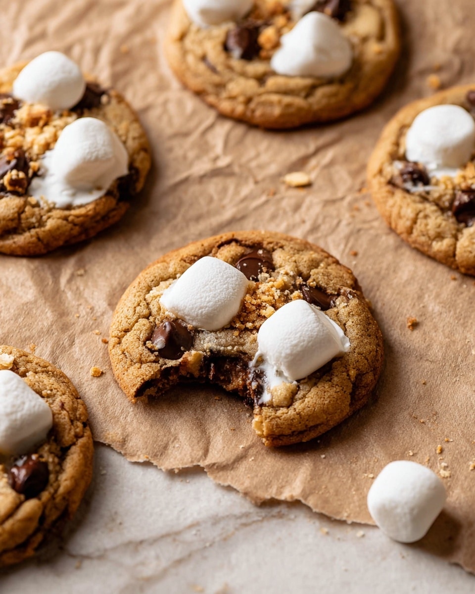 The image shows several round, golden-brown cookies placed on crumpled brown paper on a white marbled surface. Each cookie has a soft texture with visible dark chocolate chips mixed inside the dough. On top, there are two large white marshmallows that are slightly puffed and smooth. Some cookies have small crunchy crumbs scattered on top, adding a rough texture contrast. One cookie in the front has a large bite taken out of it, showing the soft inside. The scene is warm and cozy, highlighting the inviting texture of the cookies and toppings. Photo taken with an iphone --ar 4:5 --v 7