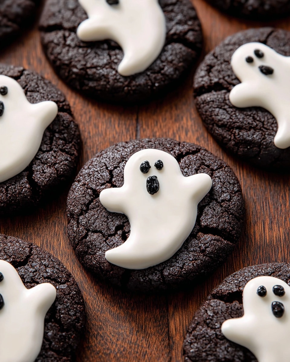 The image shows a group of dark chocolate cookies arranged closely on a white marbled surface. Each cookie has one layer of smooth, white icing shaped like a ghost with outstretched arms, featuring two small black dots for eyes and a small black round mouth on the ghost's face. The surface of the cookies is rough and textured, highlighting the contrast between the dark cookie base and the smooth, bright white icing ghosts. The cookies are spread out evenly, with no plate visible, and the whole scene has a warm, inviting feel. photo taken with an iphone --ar 4:5 --v 7