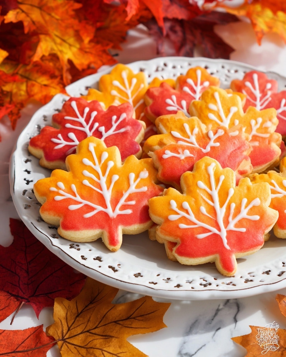 A stack of four flower-shaped cookies sits on a white marbled surface, each cookie showing a mix of orange, yellow, and red marbled colors. The top cookie has a bite taken from it, revealing a soft crumb inside with a gradual color change from yellow at the edge to red near the center. White icing decorates the top cookie in a simple snowflake or leafy pattern with thin, smooth lines. In the blurred background, more cookies are visible on a white plate. A small bright orange autumn leaf is placed beside the stack. photo taken with an iphone --ar 4:5 --v 7