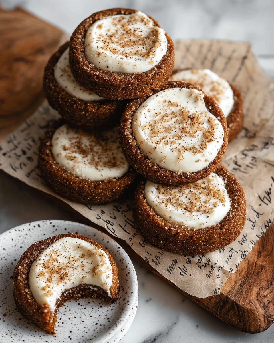 The image shows a stack of five round cookies arranged on a wooden board with a piece of handwritten paper underneath. Each cookie has a darker brown outer layer with a rough and slightly cracked texture, and a smooth white creamy center sprinkled with tiny brown sugar crystals. One cookie lies on a white speckled plate in the lower left corner, with a bite taken out of it, showing a dense texture inside. The background features a white marbled surface that contrasts with the warm tones of the cookies and board. photo taken with an iphone --ar 4:5 --v 7