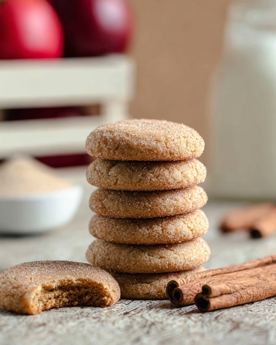 The image shows a white baking tray lined with wrinkled white parchment paper, holding seven round, flat cookies that are golden brown with a slightly cracked, sugary surface. The cookies have a light, grainy texture and sit evenly spaced across the tray. A pair of cinnamon sticks lies parallel near the cookies on the left side. In the background on the tray’s edge is a small white bowl with dark contents, and in the upper left corner, a single cookie rests directly on the white marbled surface, accompanied by a cream-colored knitted cloth. The scene is lit softly, emphasizing the warm colors and delicate textures. Photo taken with an iphone --ar 4:5 --v 7